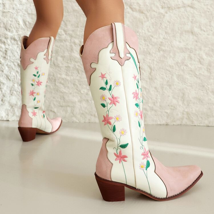Bottes femme western bout pointu broderies florales talon large - Lizzy