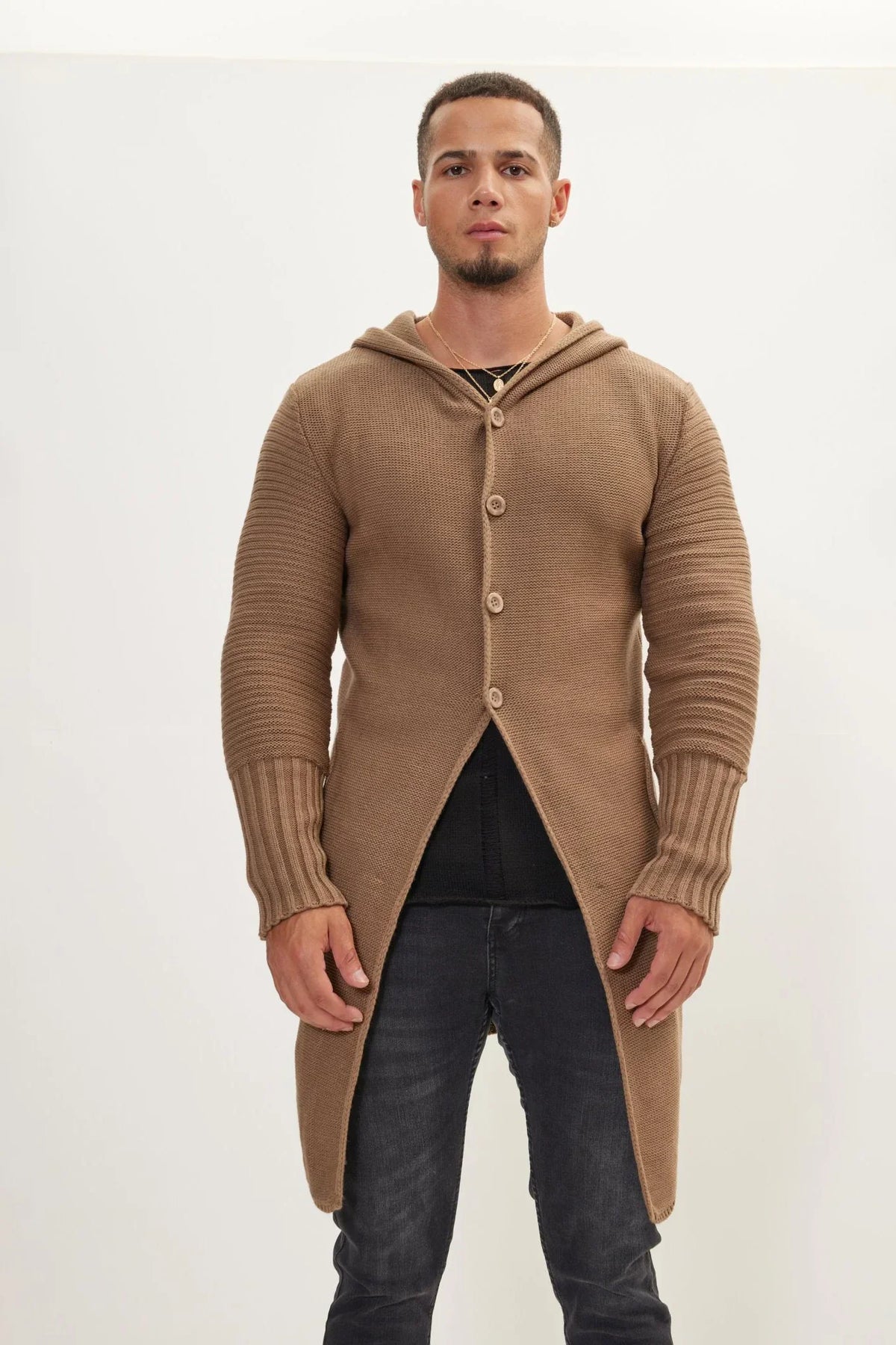 Cardigan long homme maille capuche boutons chaud hiver - Baptiste