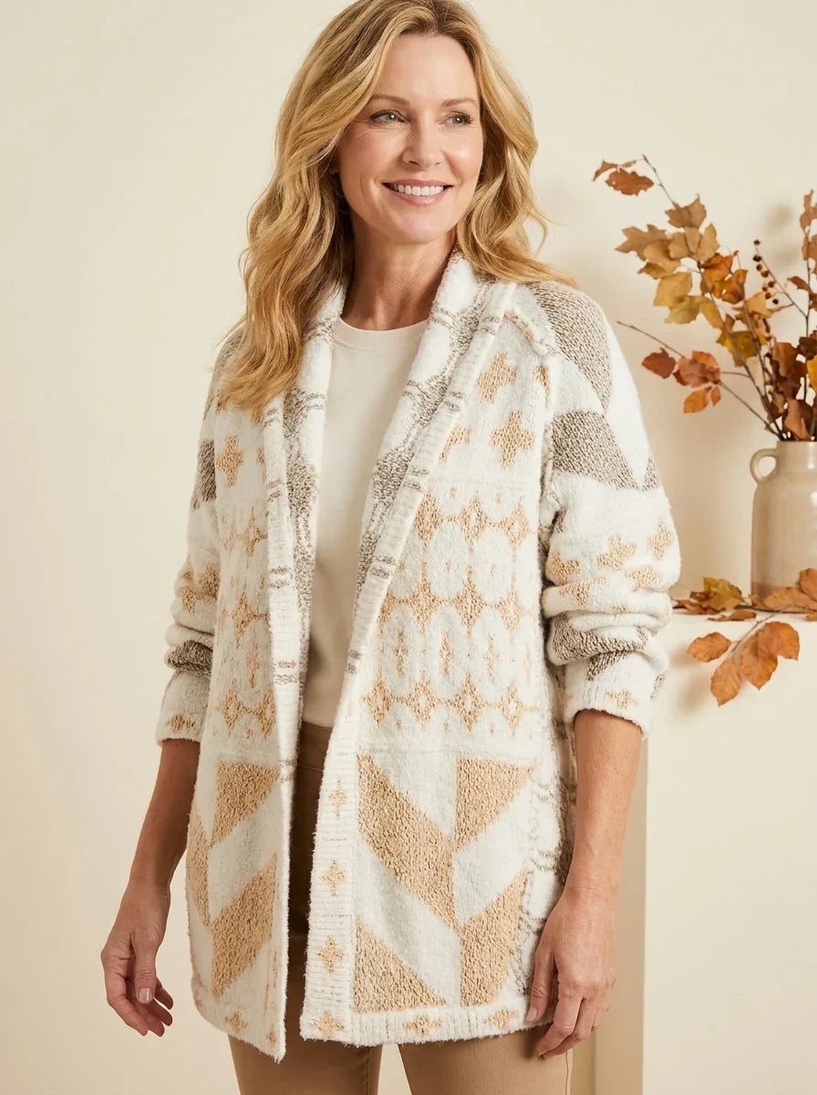 Cardigan long femme maille imprimée manches longues automne - Nyxie
