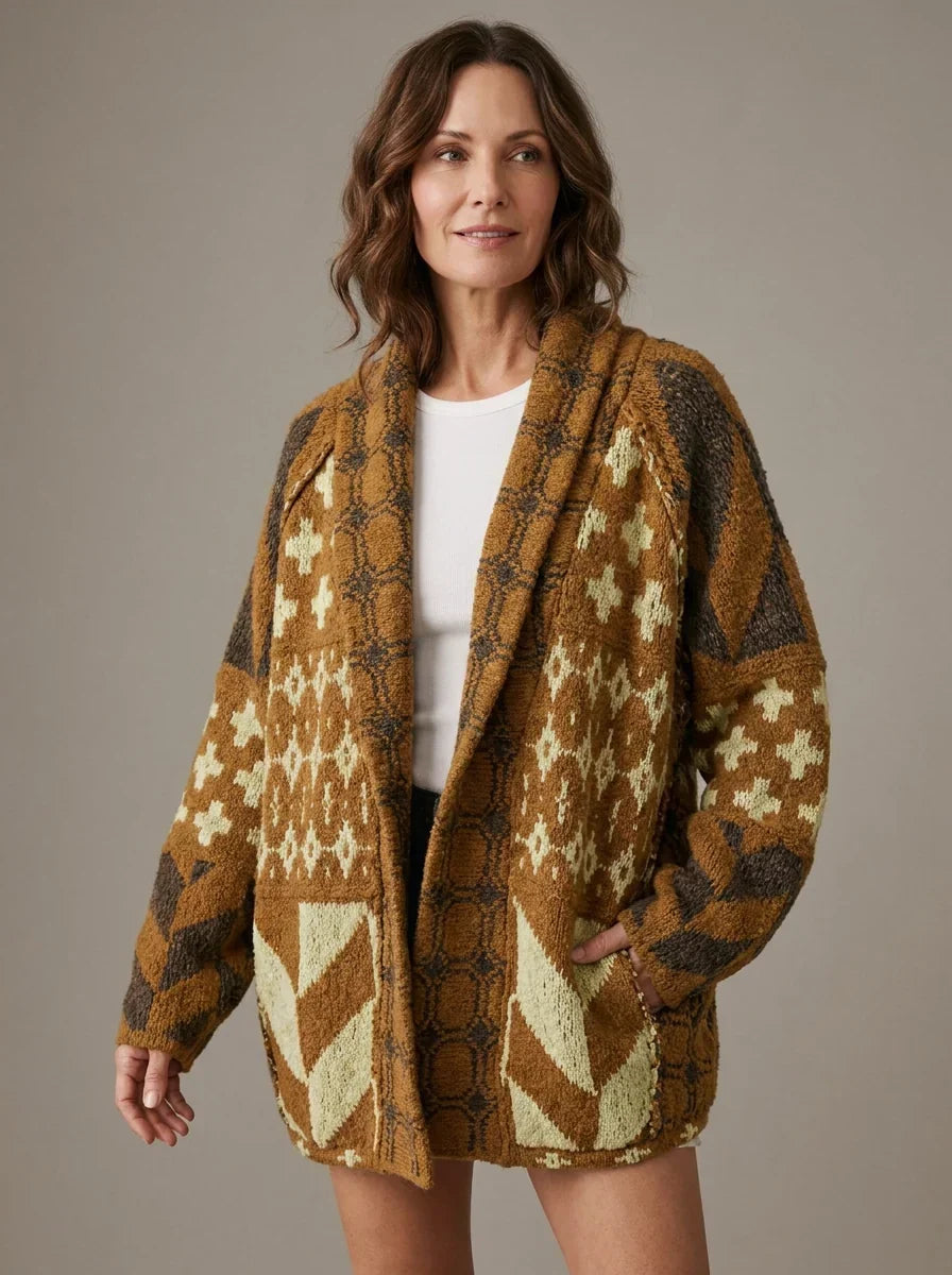 Cardigan long femme maille imprimée manches longues automne - Nyxie