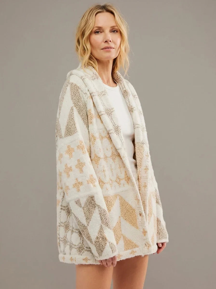 Cardigan long femme maille imprimée manches longues automne - Nyxie