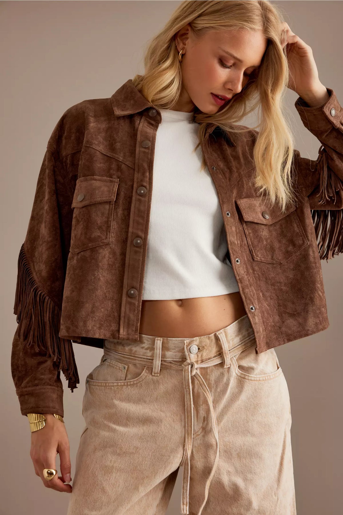 Blouson femme effet daim à franges western automne - Calista