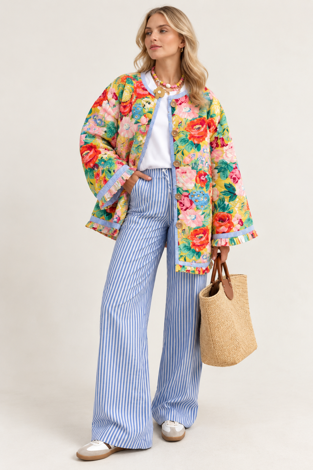 Veste fleurie femme évasée matelassage losanges volants - Clotilde