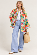 Veste fleurie femme évasée matelassage losanges volants - Clotilde
