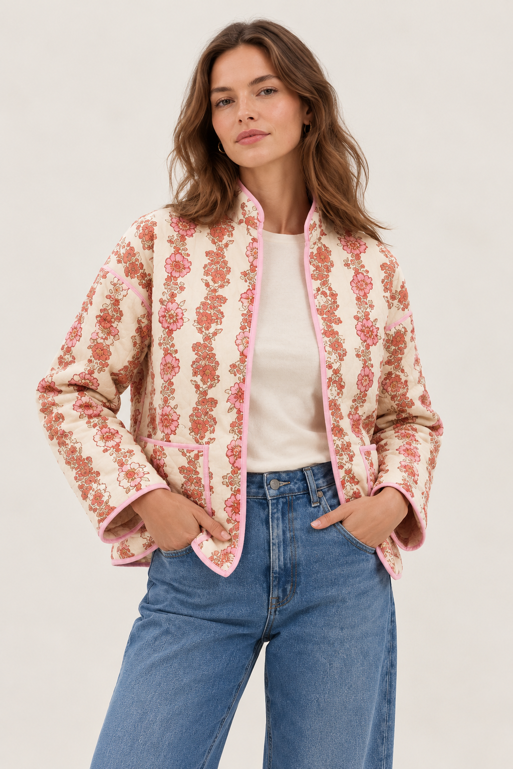Veste matelassée fleurie femme col montant bordures automne - Ludovica