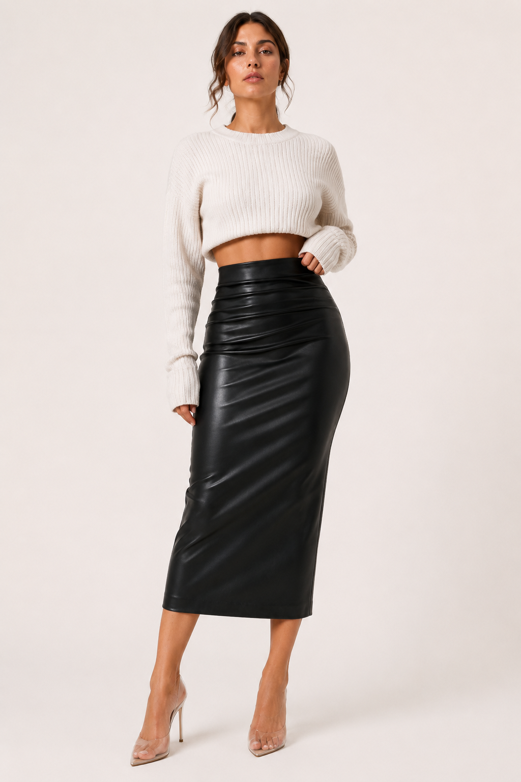 Jupe midi PU femme taille haute froncée chic moderne - Siglinde