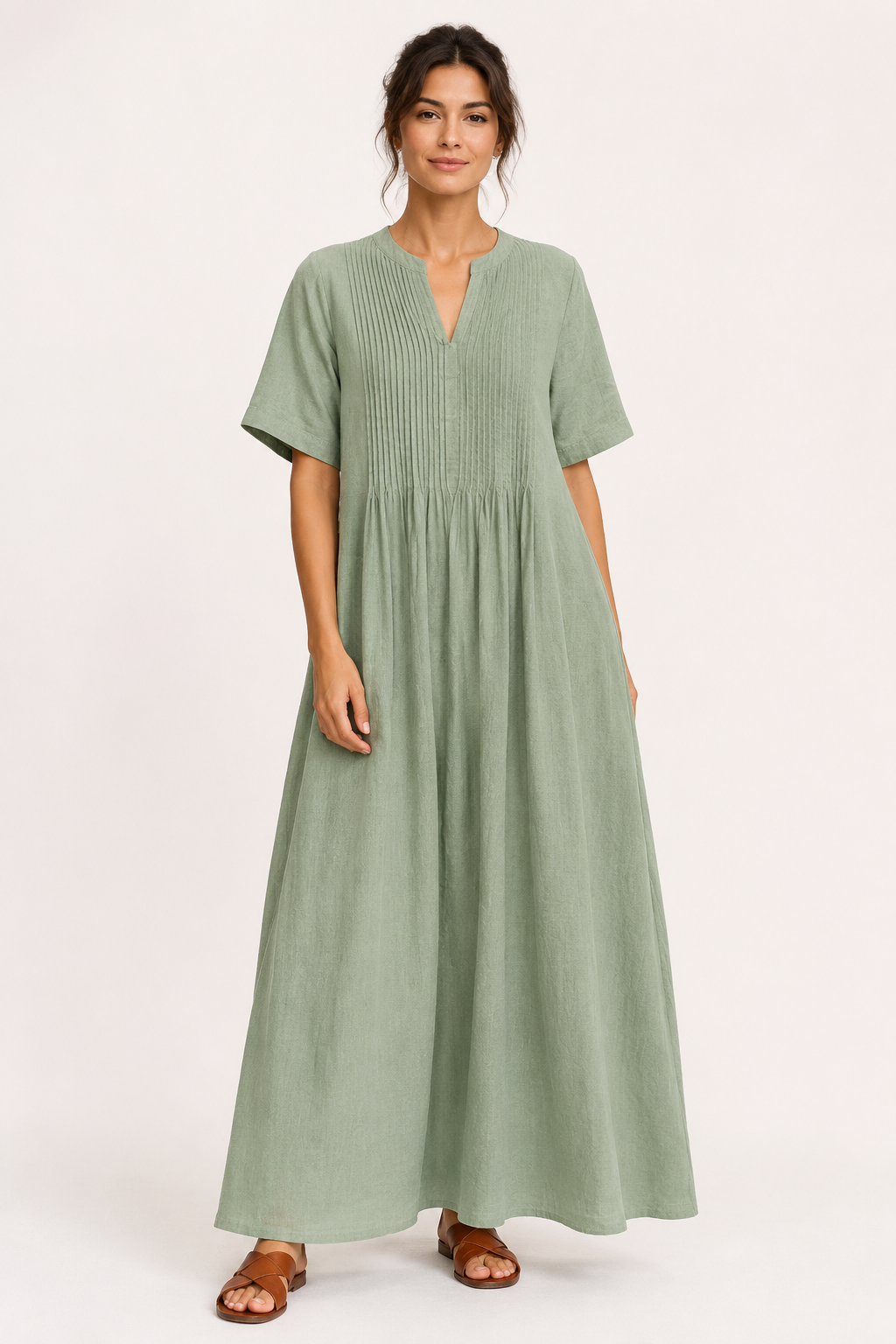 Robe longue femme V poches plissée manches courtes élégante - Eilika