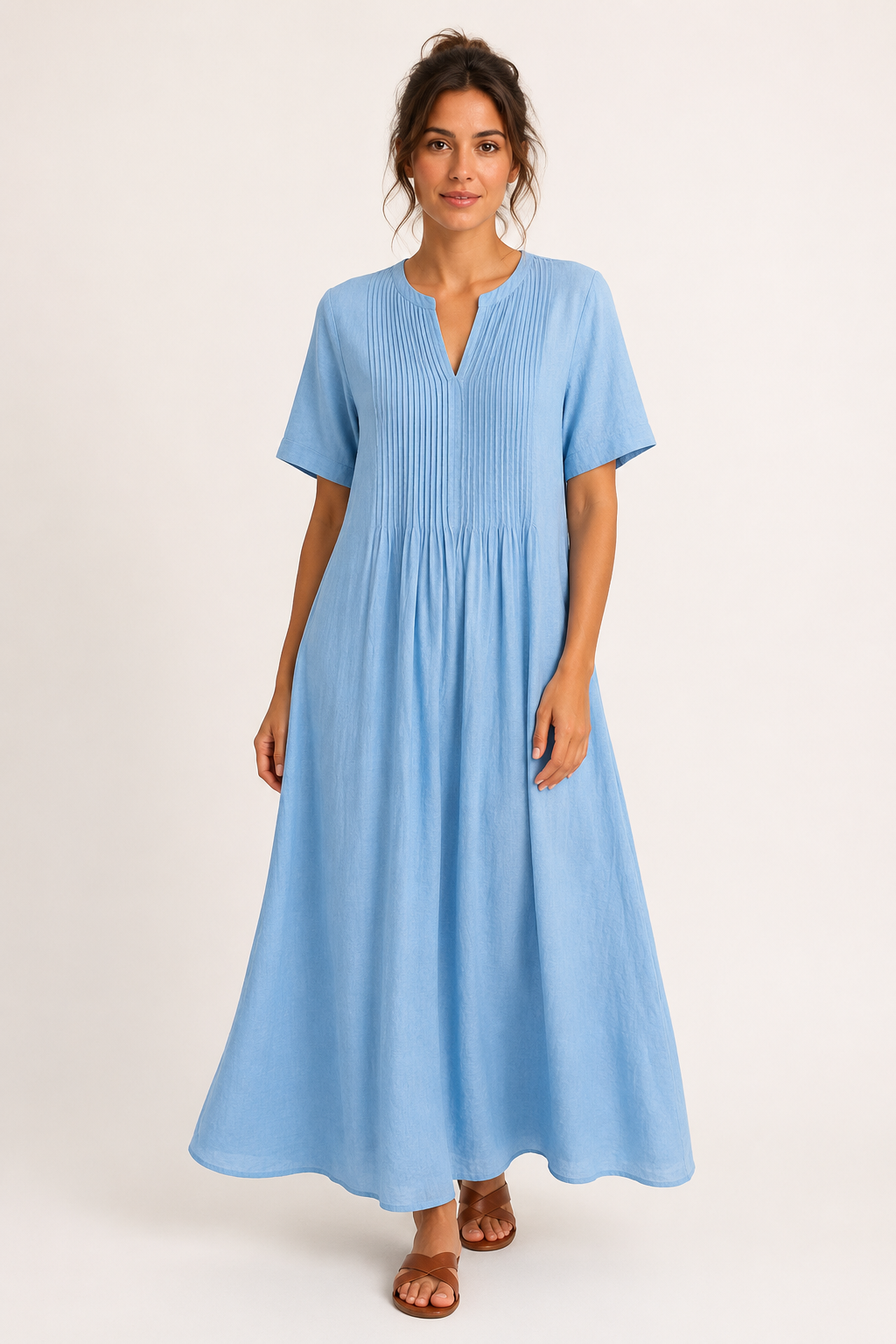 Robe longue femme V poches plissée manches courtes élégante - Eilika