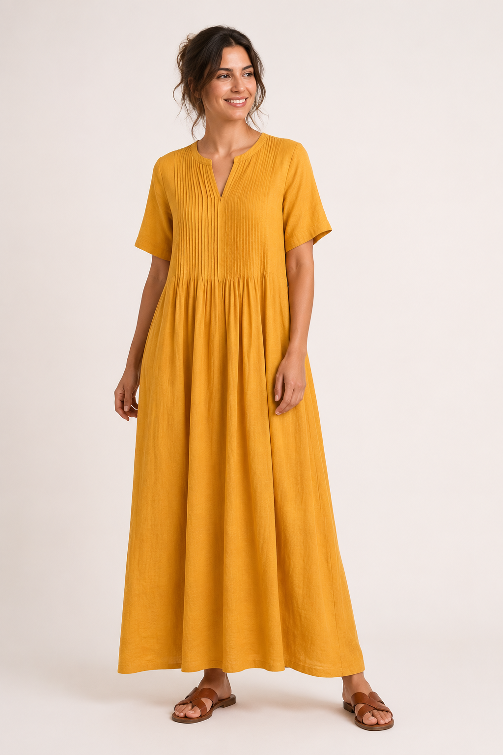 Robe longue femme V poches plissée manches courtes élégante - Eilika