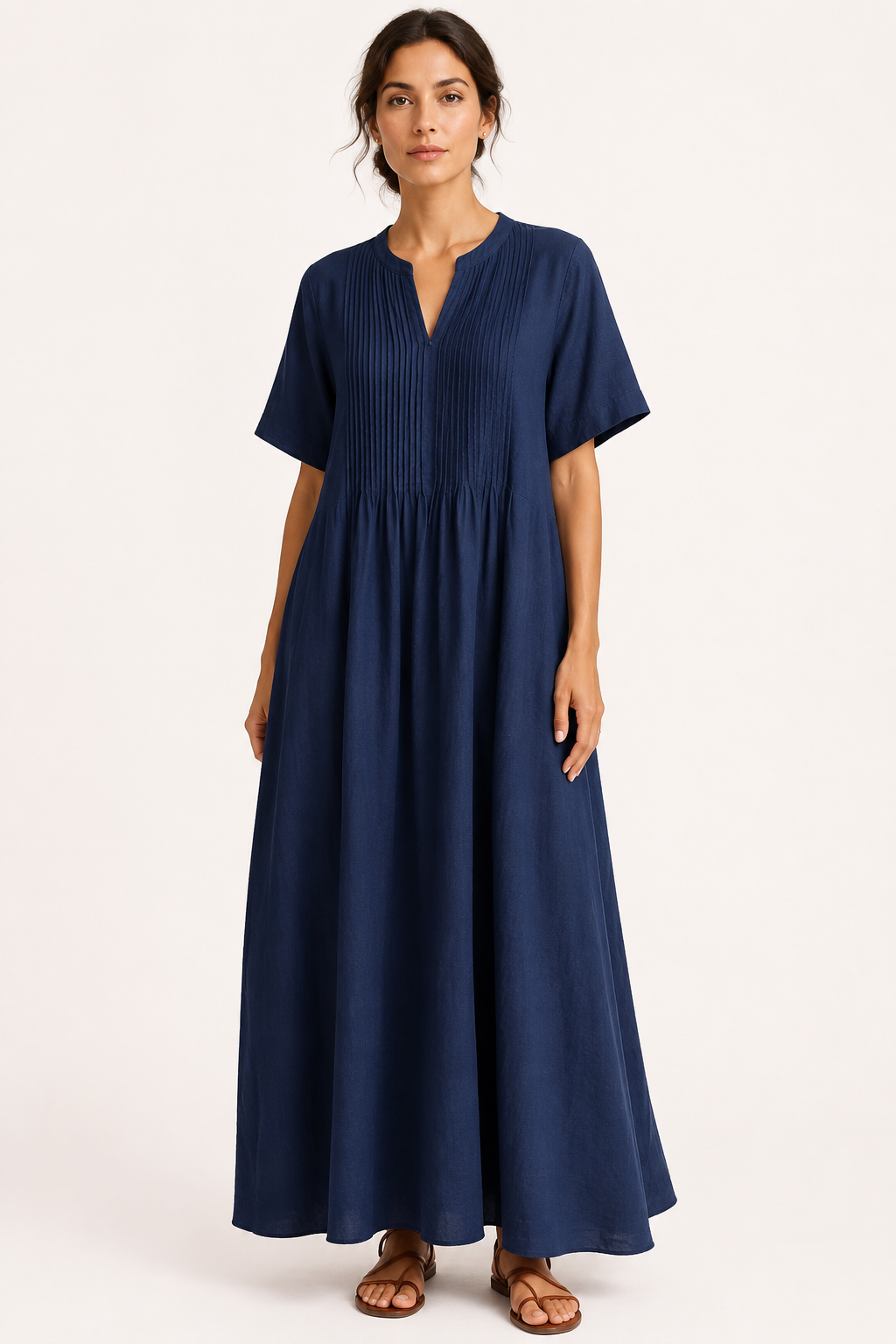Robe longue femme V poches plissée manches courtes élégante - Eilika