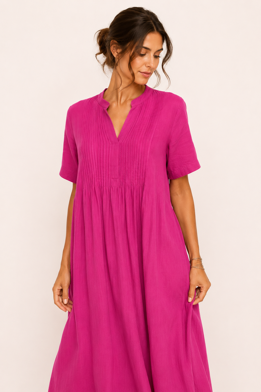 Robe longue femme V poches plissée manches courtes élégante - Eilika