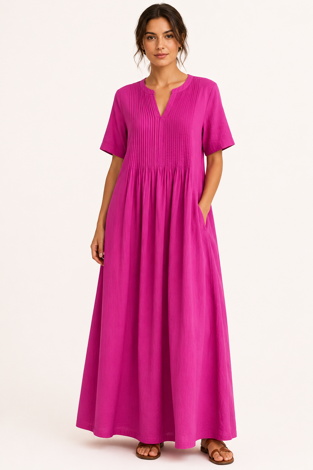 Robe longue femme V poches plissée manches courtes élégante - Eilika