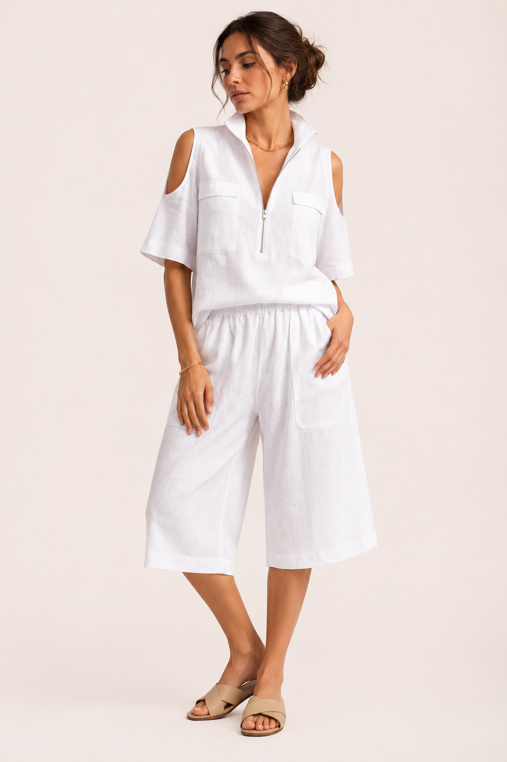 Ensemble pour femme composé d'un chemisier à épaules dénudées et d'un pantalon large - Irmela