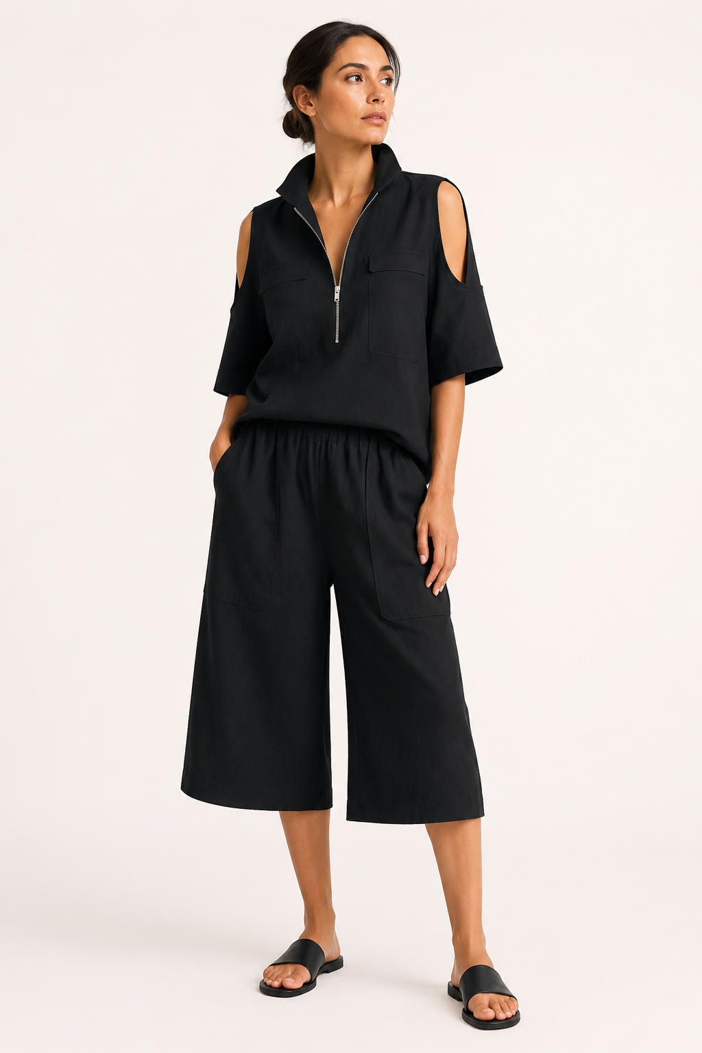 Ensemble pour femme composé d'un chemisier à épaules dénudées et d'un pantalon large - Irmela