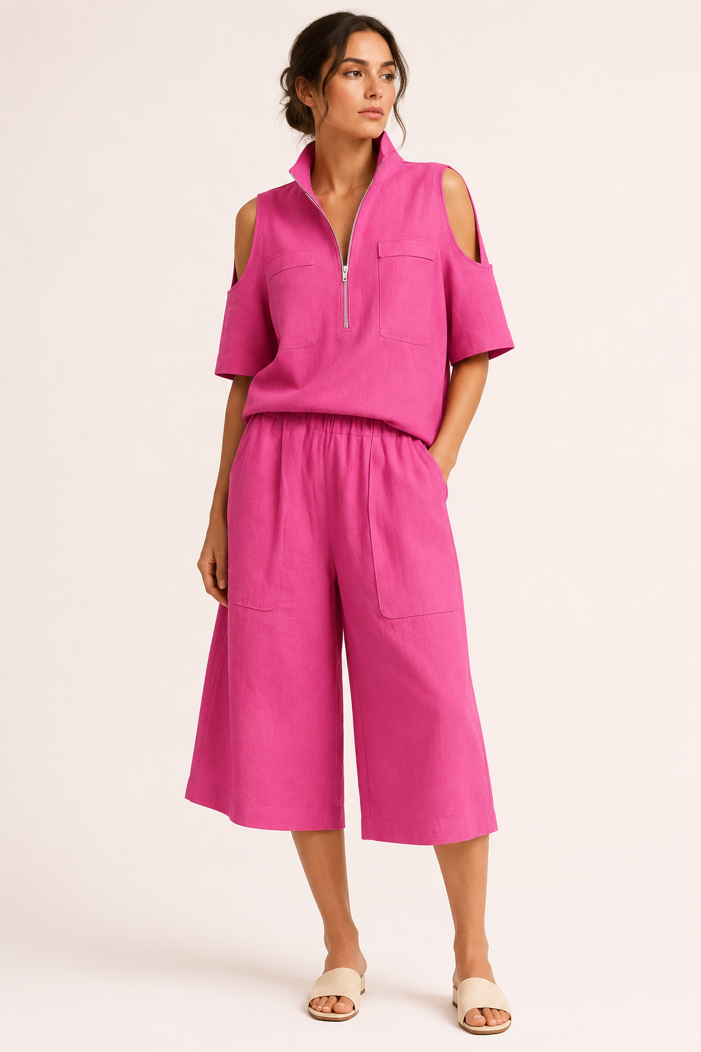 Ensemble pour femme composé d'un chemisier à épaules dénudées et d'un pantalon large - Irmela
