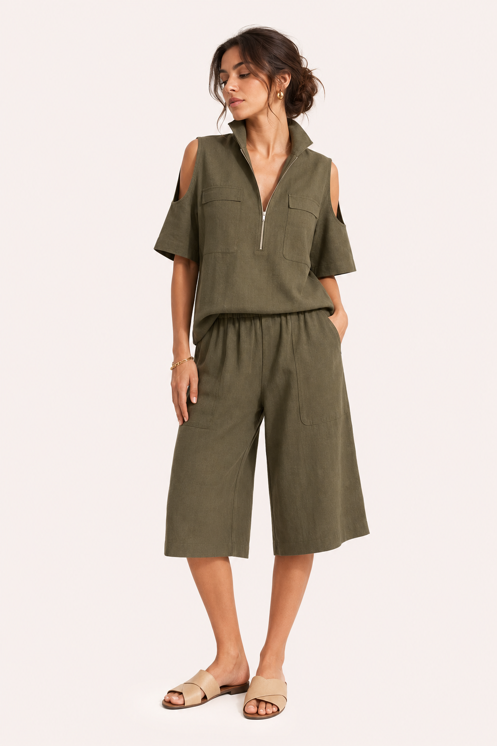 Ensemble pour femme composé d'un chemisier à épaules dénudées et d'un pantalon large - Irmela