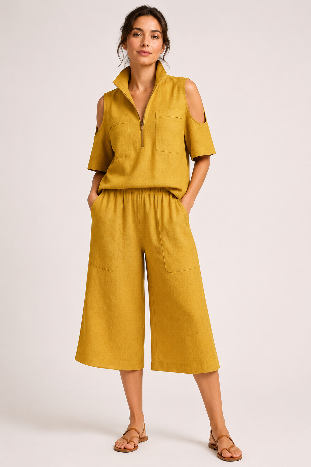 Ensemble pour femme composé d'un chemisier à épaules dénudées et d'un pantalon large - Irmela
