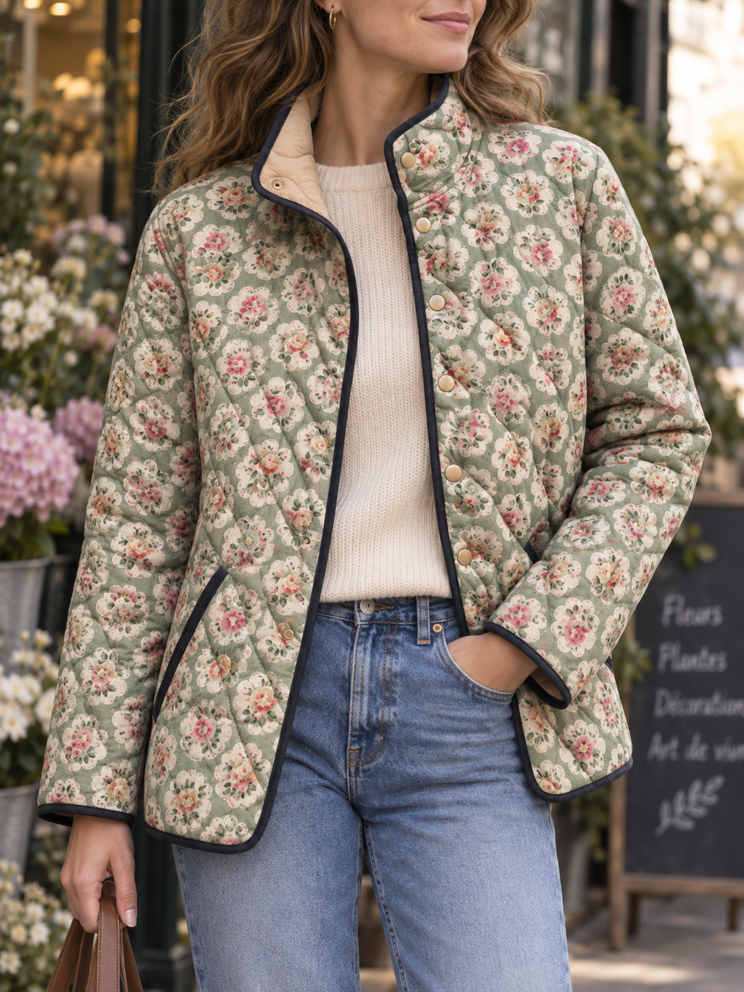 Chaqueta acolchada mujer estampado floral ribetes contraste vintage decorativa - Lainey