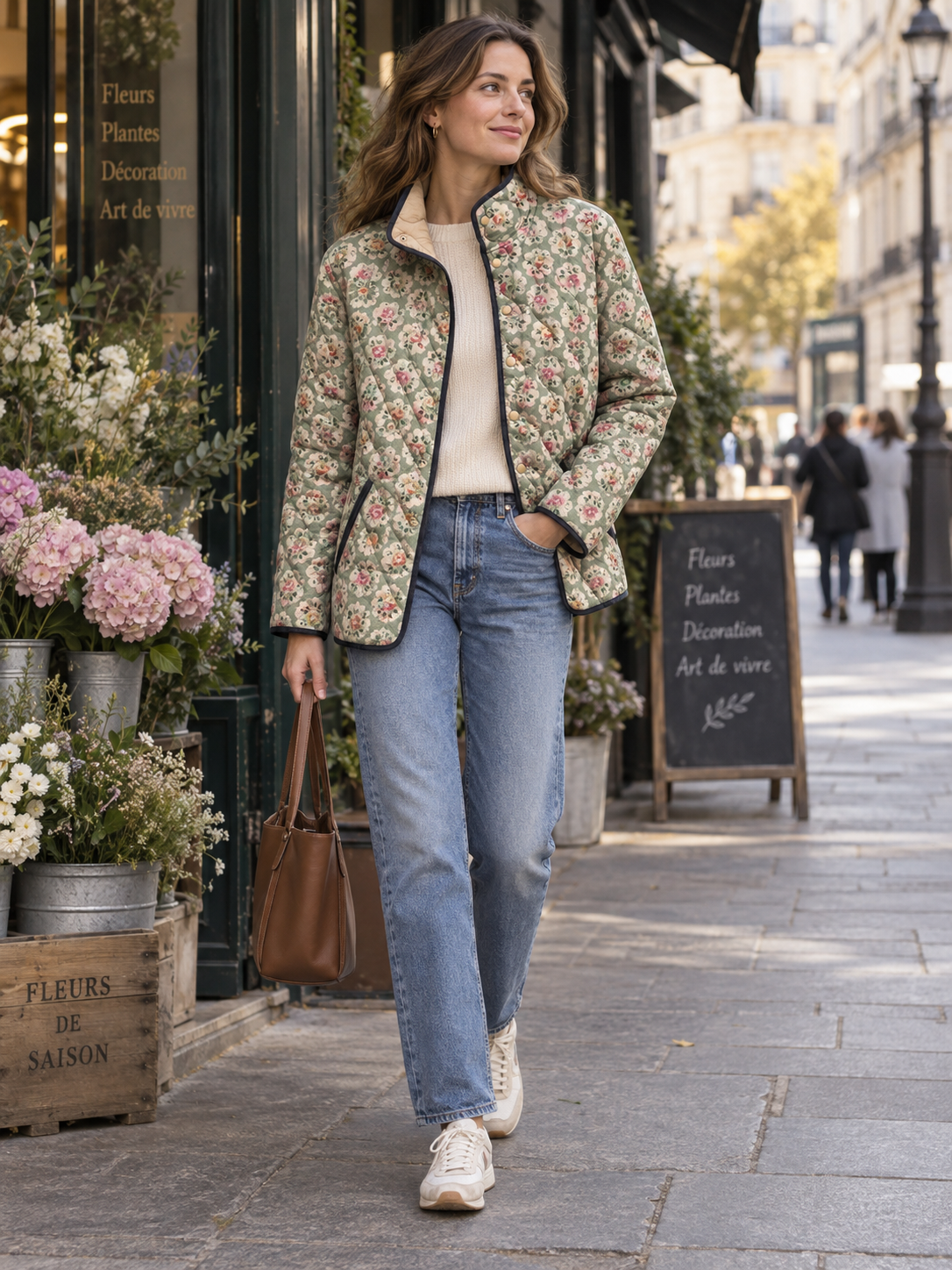 Chaqueta acolchada mujer estampado floral ribetes contraste vintage decorativa - Lainey