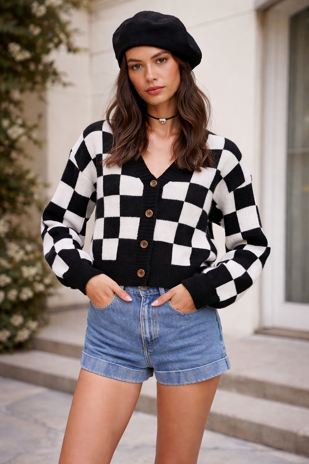 Cardigan en tricot pour femme avec motif géométrique et encolure en v et manches longues - Iverna