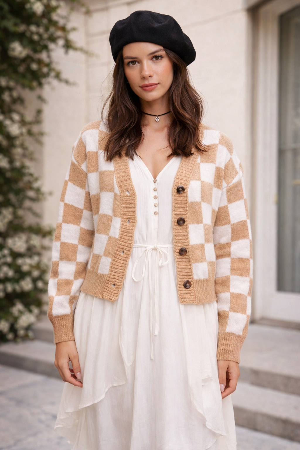 Cardigan en tricot pour femme avec motif géométrique et encolure en v et manches longues - Iverna