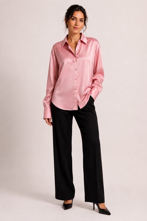 Blouse femme en satin à manches longues avec boutonnage sur le devant - Hannelore