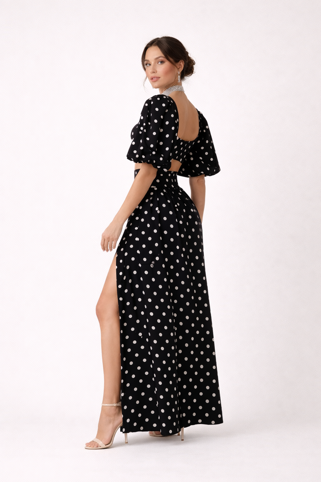 Ensemble top avec jupe maxi à manches bouffantes et imprimé à pois - Calista
