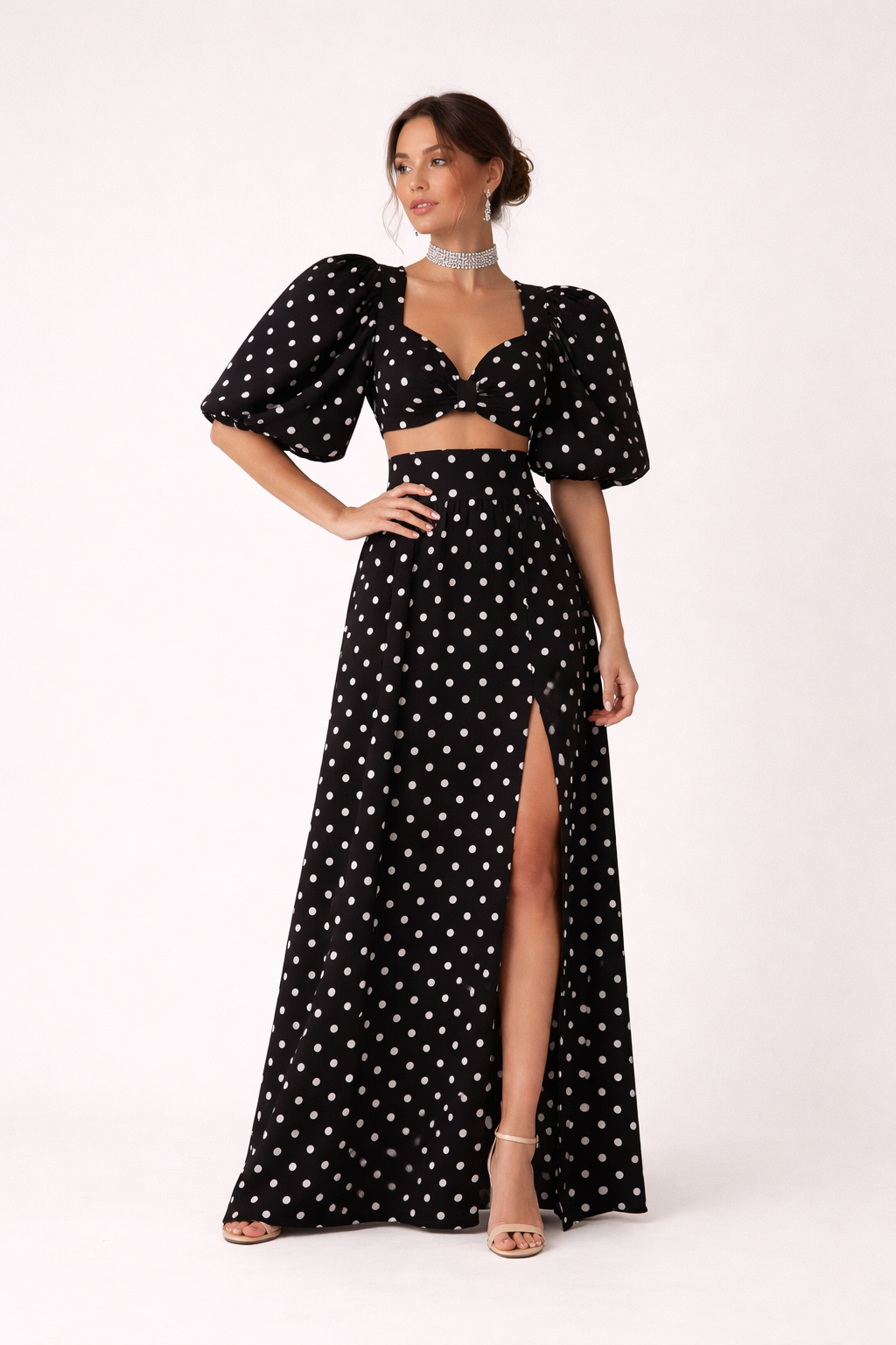 Ensemble top avec jupe maxi à manches bouffantes et imprimé à pois - Calista