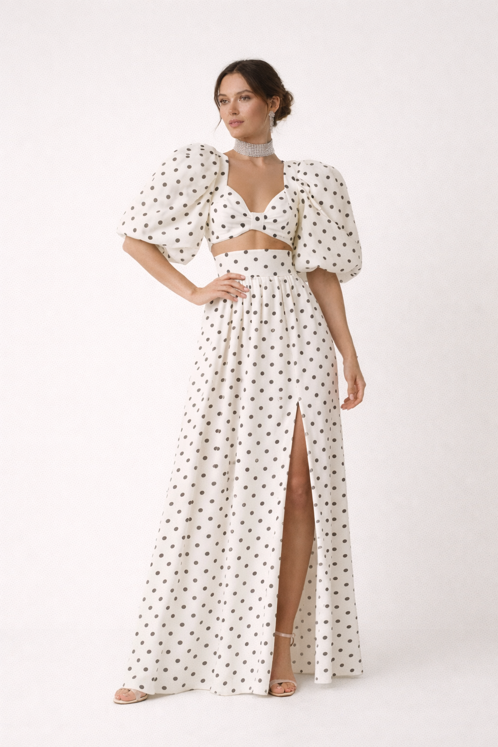 Ensemble top avec jupe maxi à manches bouffantes et imprimé à pois - Calista
