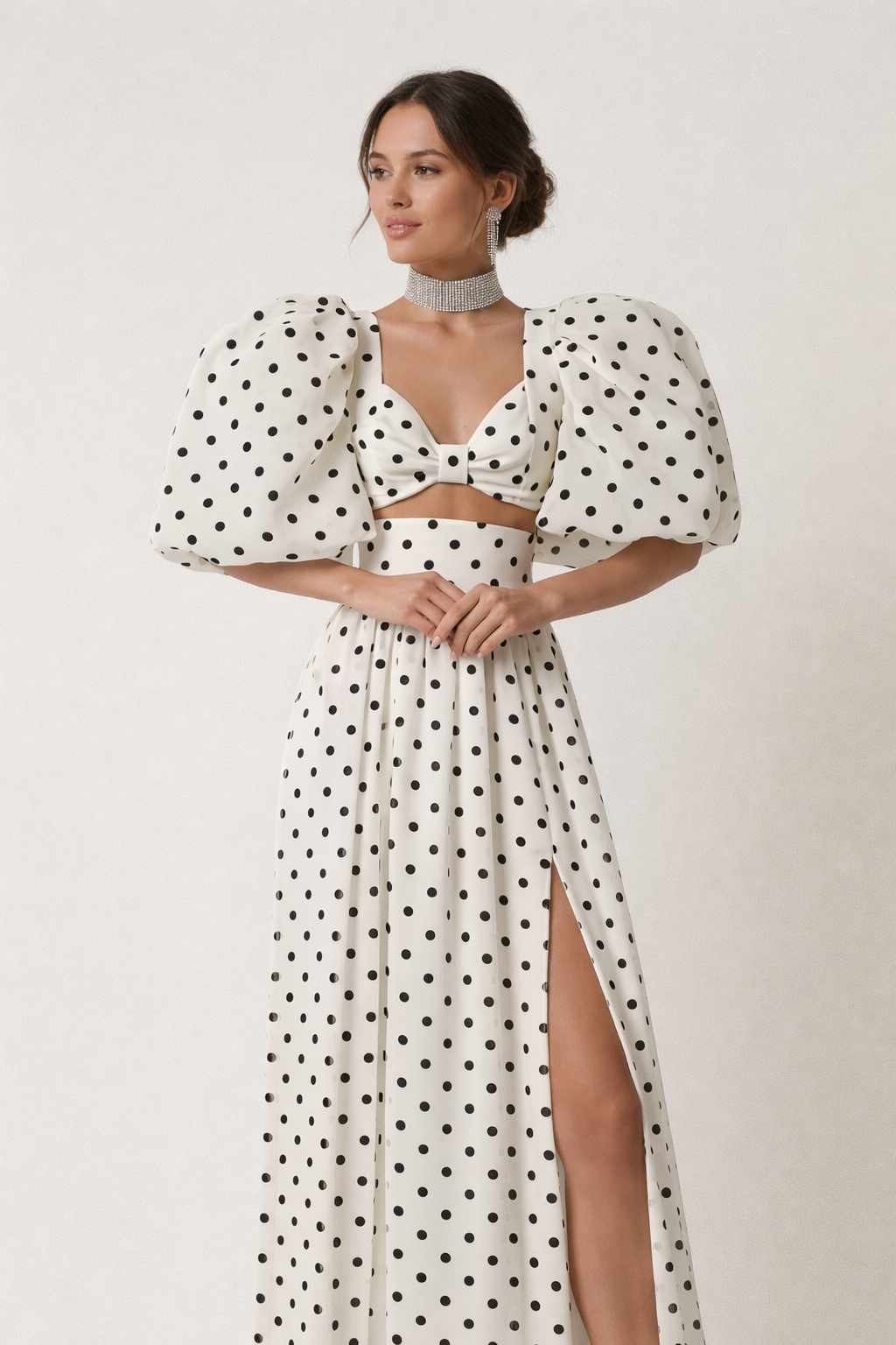 Ensemble top avec jupe maxi à manches bouffantes et imprimé à pois - Calista