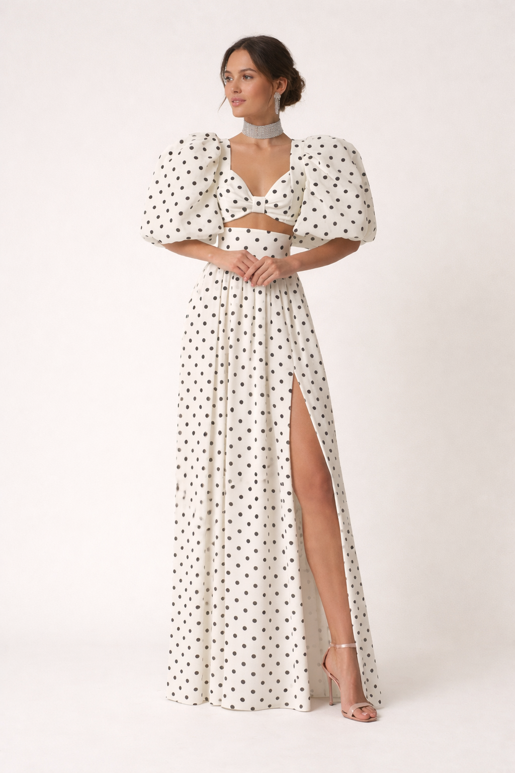Ensemble top avec jupe maxi à manches bouffantes et imprimé à pois - Calista