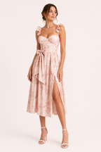 Robe midi fleurie femme corset encolure cœur et fente avant – Käthe
