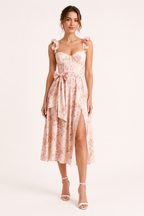 Robe midi fleurie femme corset encolure cœur et fente avant – Käthe