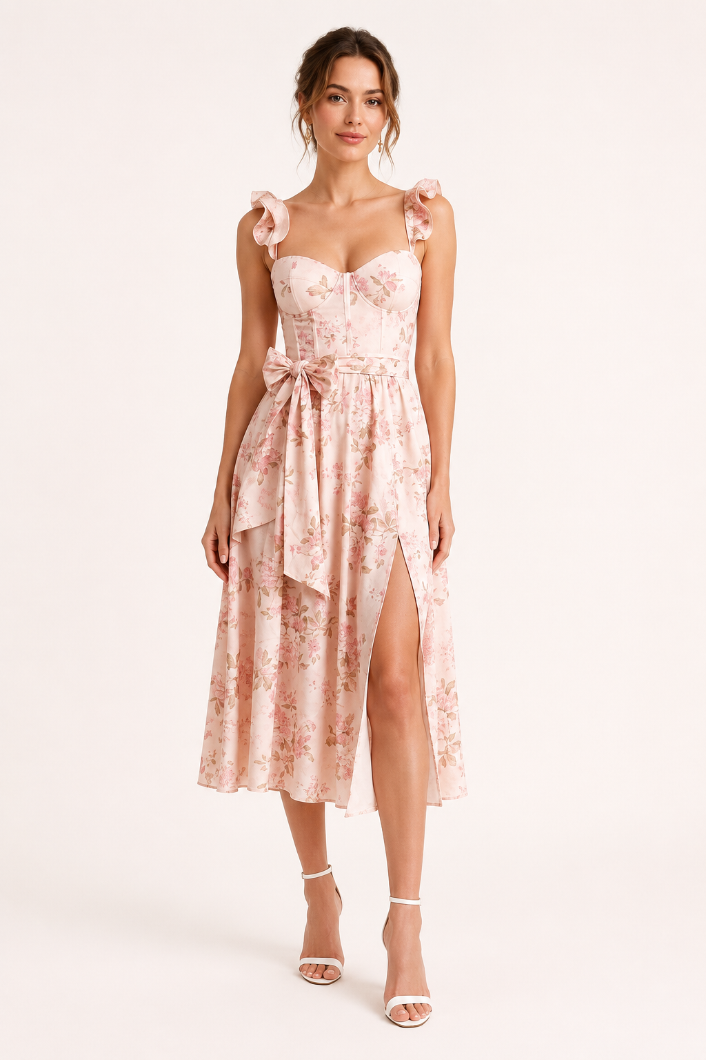 Robe midi fleurie femme corset encolure cœur et fente avant – Käthe