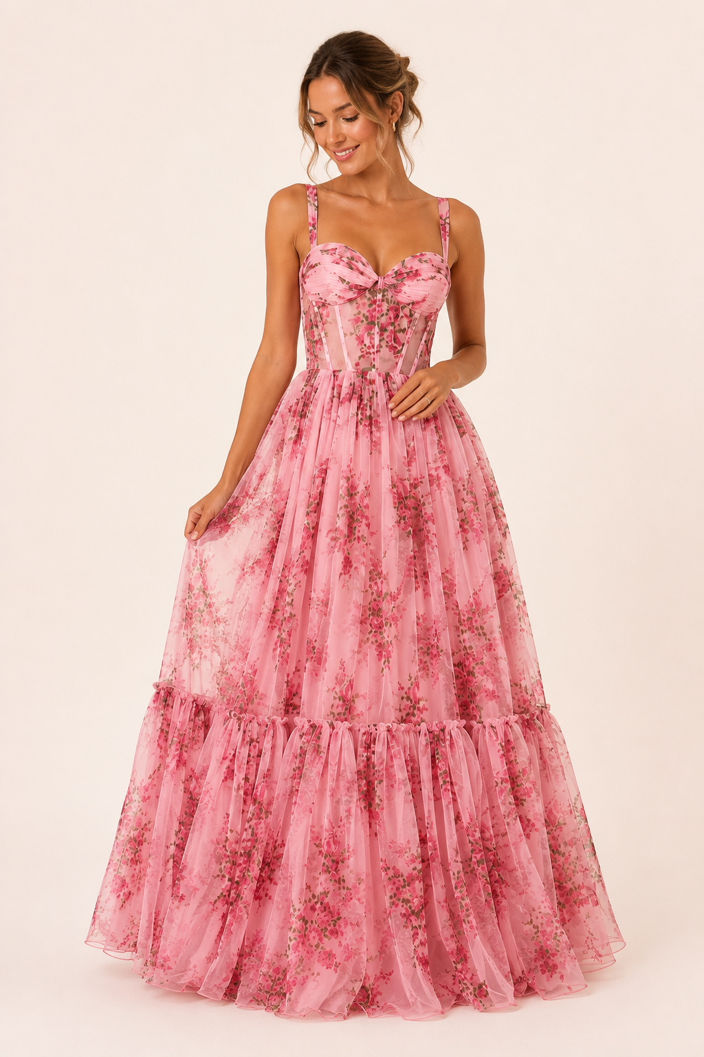 Robe longue femme corset imprimé floral romantique et structuré – Elira