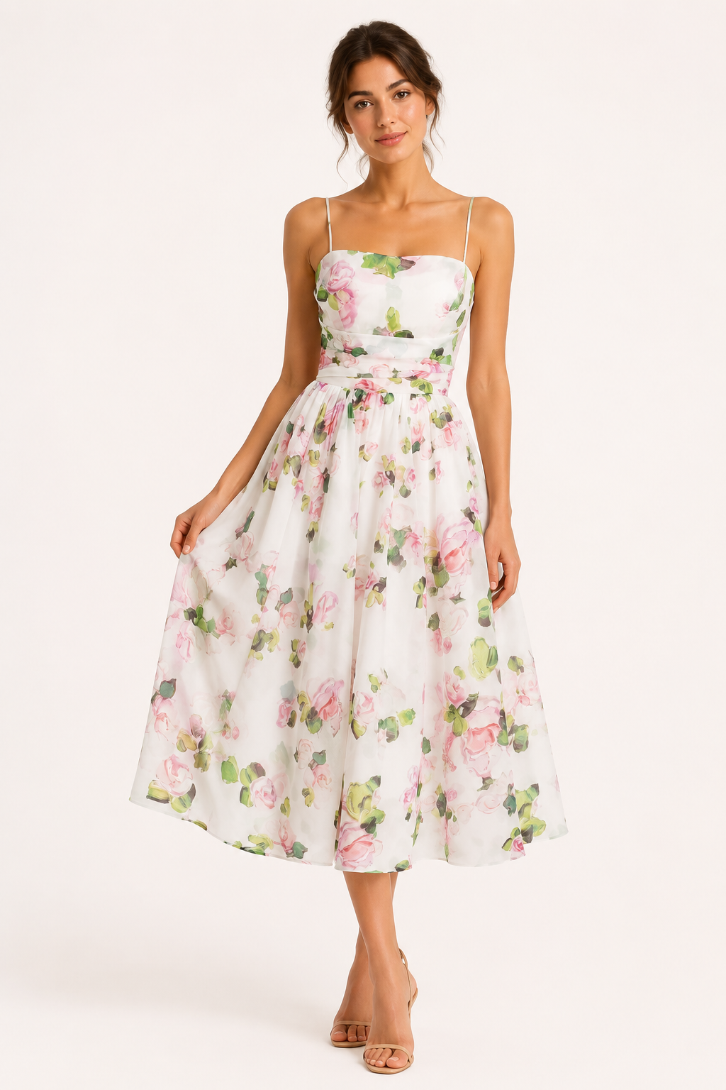 Robe midi floral romantique femme taille haute jupe ample – Elira