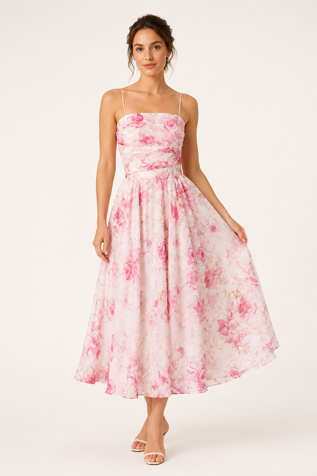Robe midi floral romantique femme taille haute jupe ample – Elira