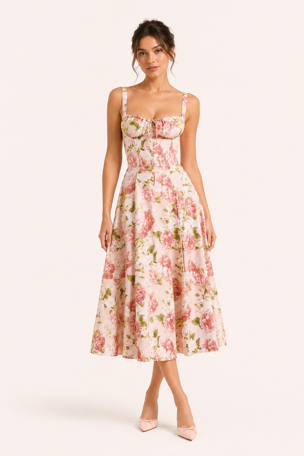 Robe midi fleurie larges bretelles nœud et jupe évasée femme – Maren