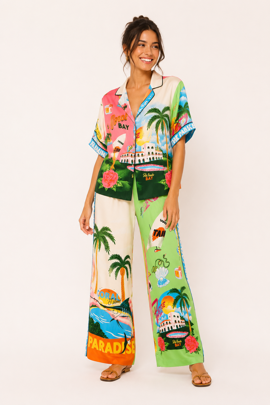 Ensemble pantalon large femme imprimé tropical 2 pièces été – Anika