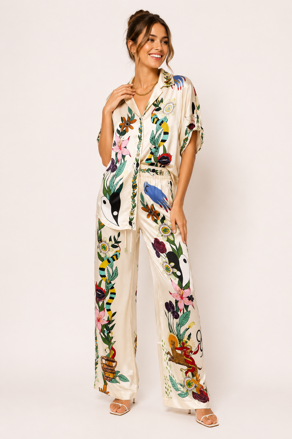 Ensemble pantalon large femme imprimé tropical 2 pièces été – Anika