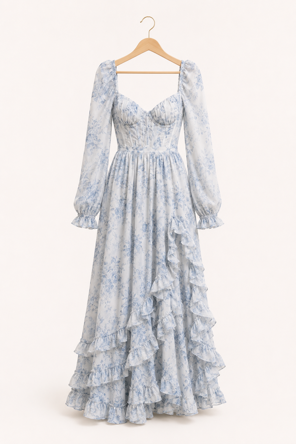 Robe longue fleurie manches longues encolure carrée et volants – Romy