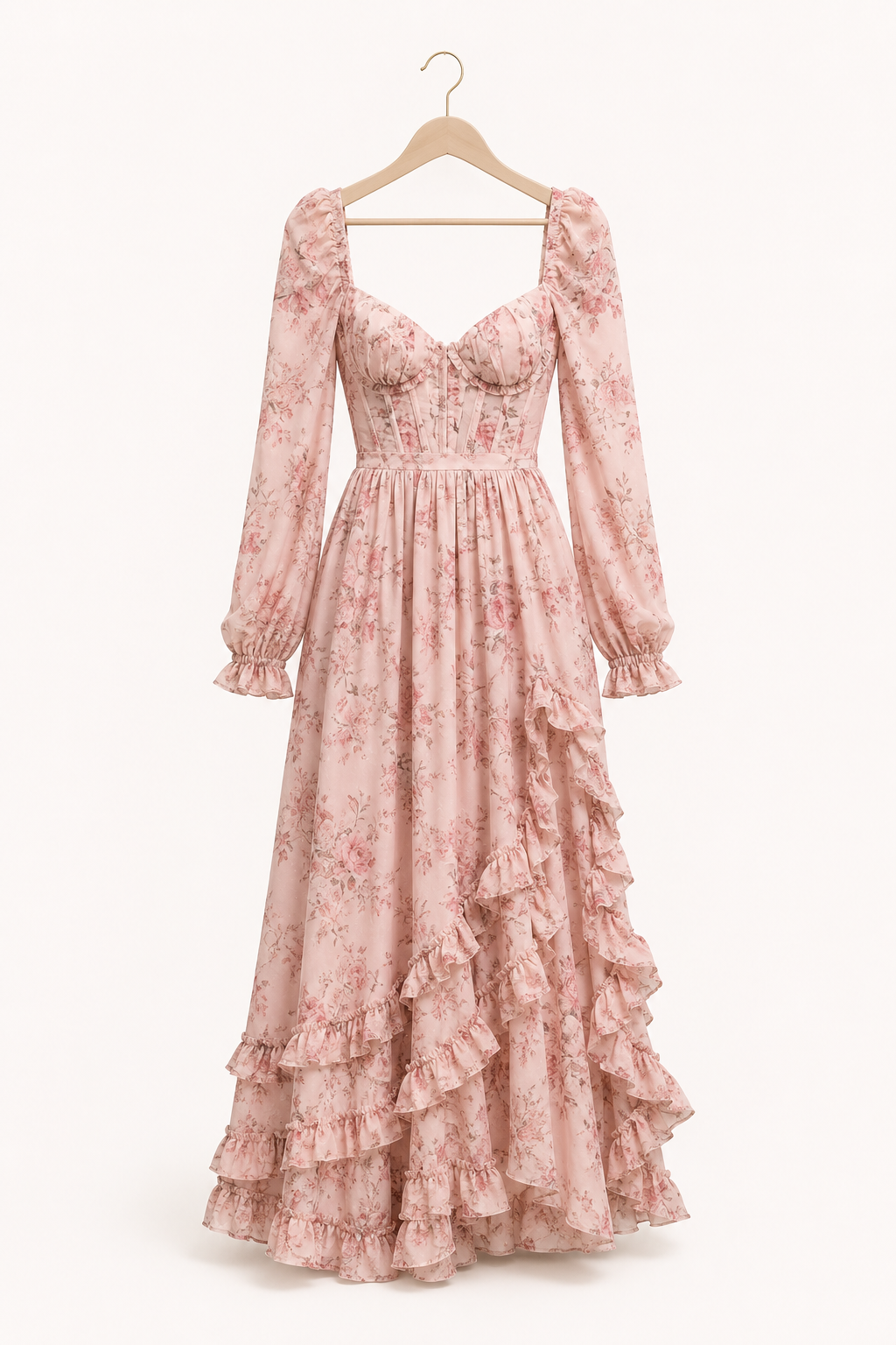Robe longue fleurie manches longues encolure carrée et volants – Romy