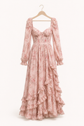 Robe longue fleurie manches longues encolure carrée et volants – Romy