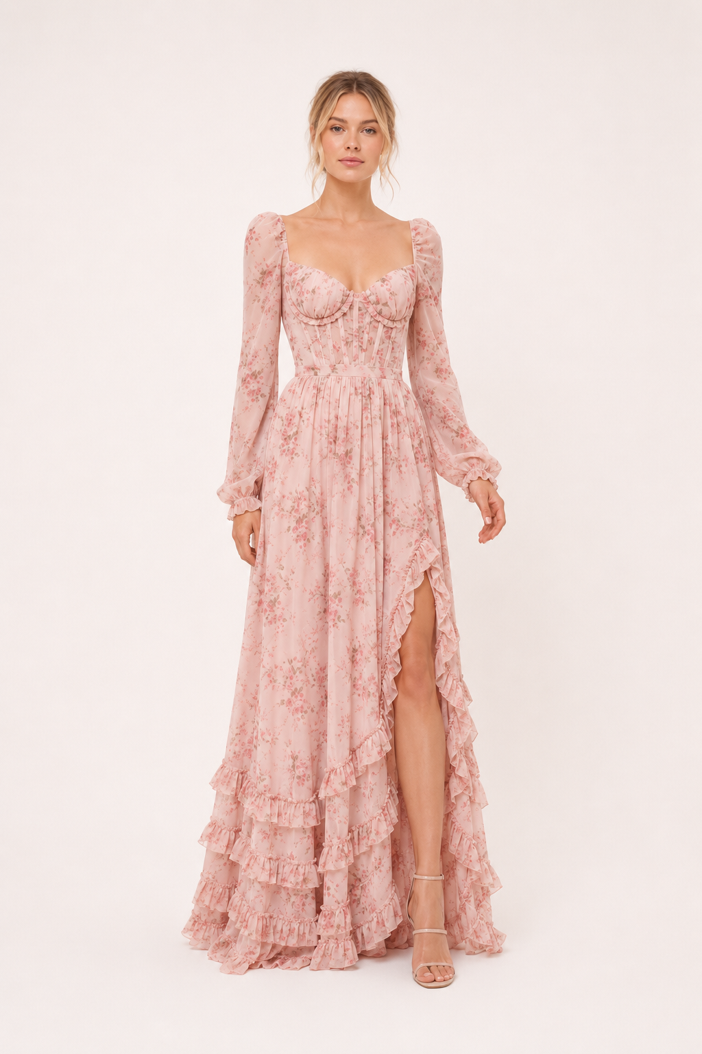 Robe longue fleurie manches longues encolure carrée et volants – Romy