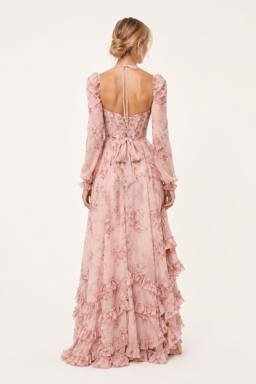 Robe longue fleurie manches longues encolure carrée et volants – Romy