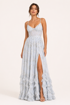 Robe de soirée longue florale femme bretelles fines fente avant – Elara