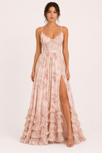 Robe de soirée longue florale femme bretelles fines fente avant – Elara