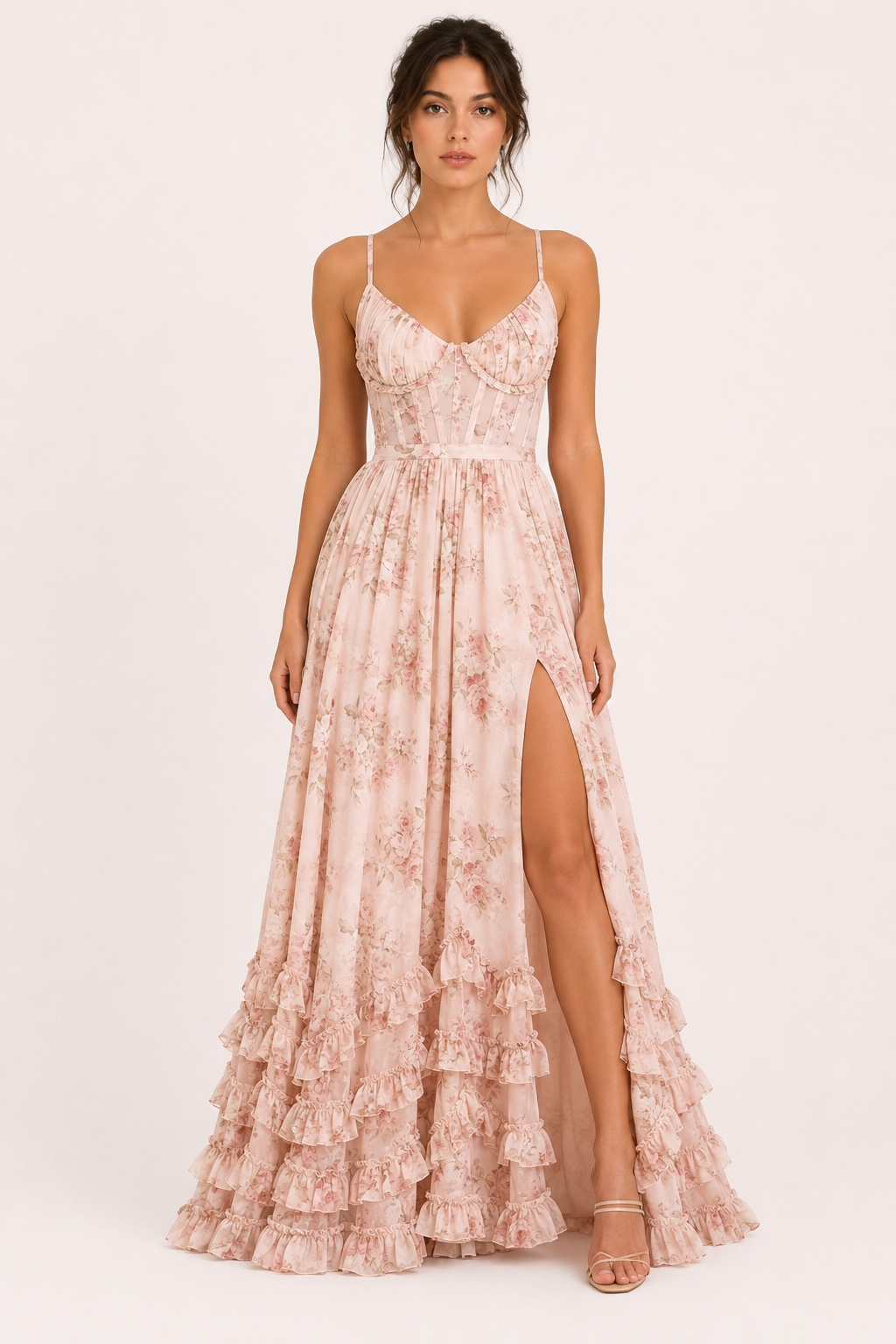 Robe de soirée longue florale femme bretelles fines fente avant – Elara