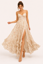 Robe de soirée longue florale femme bretelles fines fente avant – Elara