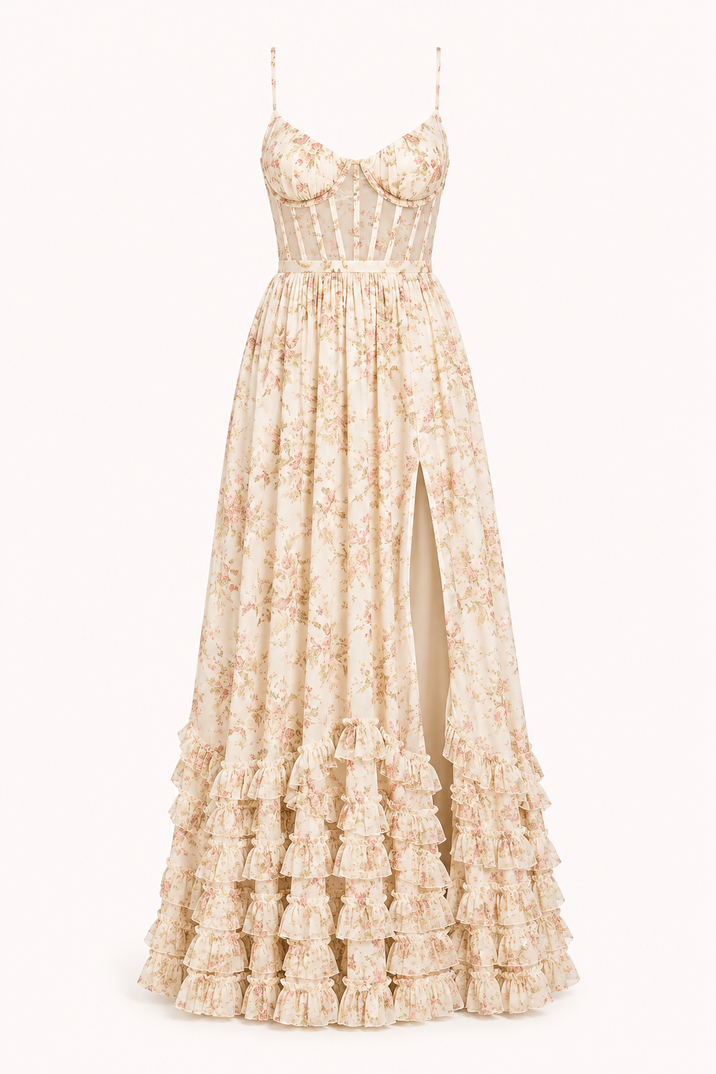Robe de soirée longue florale femme bretelles fines fente avant – Elara